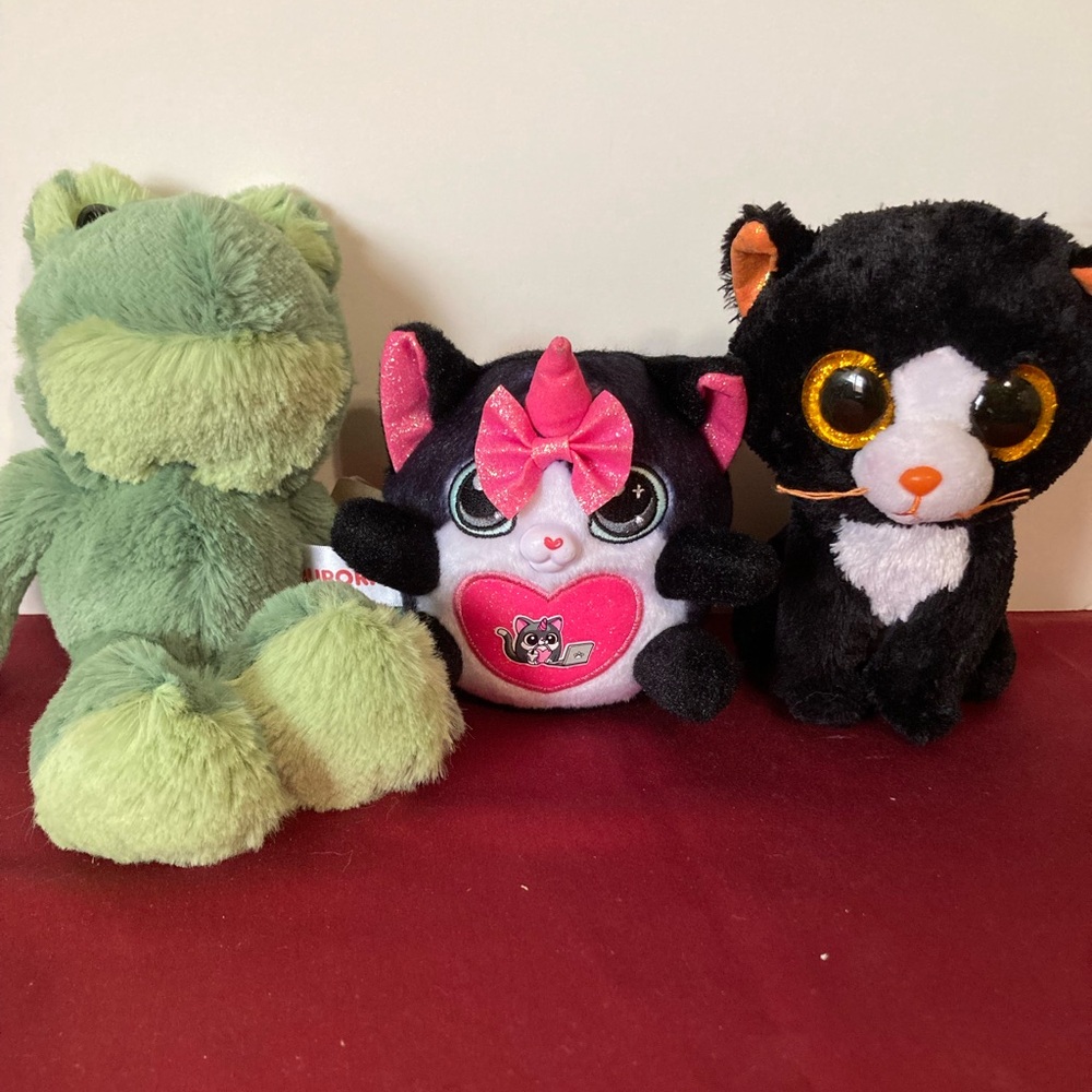 Set of three mini plushes. Fernando frog, rainbowcorns, kitty and Ty witchy cat.